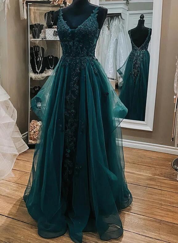 Simple V-neck Tulle Prom Dresses, A-line Prom Dresses, Elegant Prom Dresses main image 1
