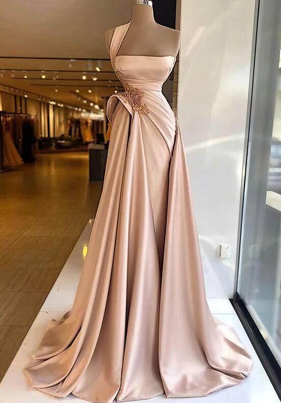 A-line One Shoulder Silk-like Satin Beading Prom Dresses