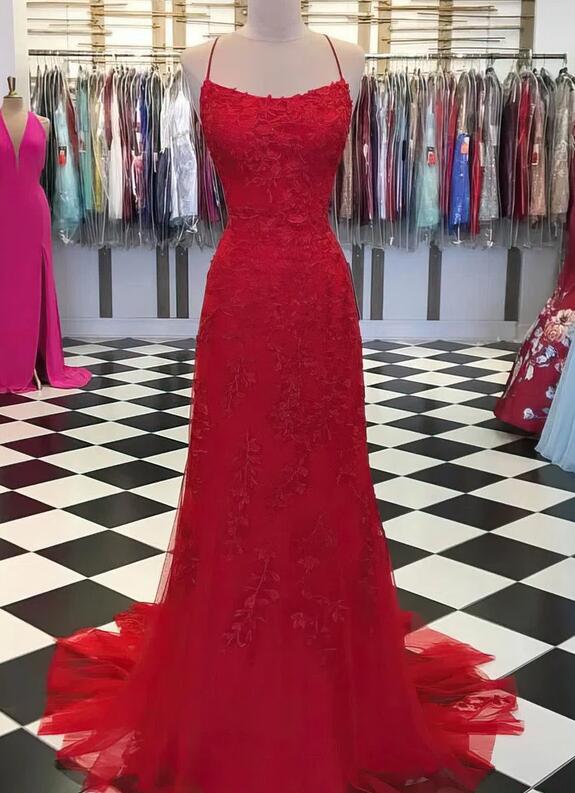 Sheath Square Neckline Red Tulle Sweep Train Prom Dresses