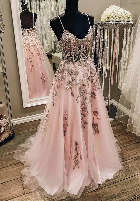 Ball-Gown/Princess V-Neck Floor-Length Tulle Prom Dresses With Sequins main image 1