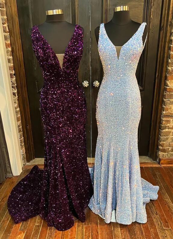Mermaid Sheath V-neck Purple Sequins Prom Dresses