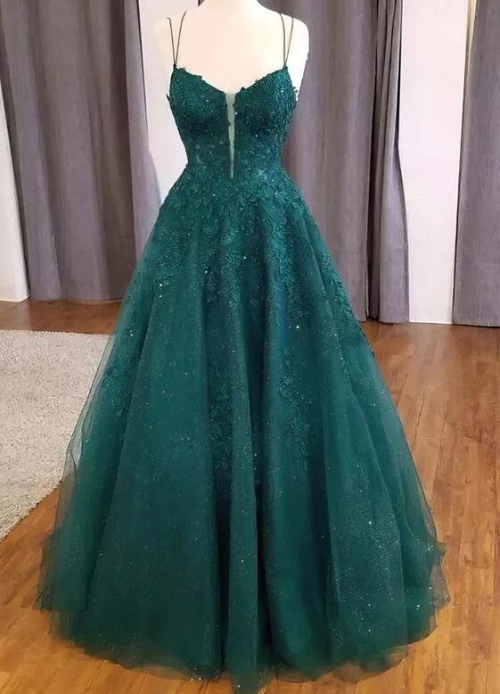 Glitter Long A-line V-neck Lace Tulle Red Prom Dress main image 1