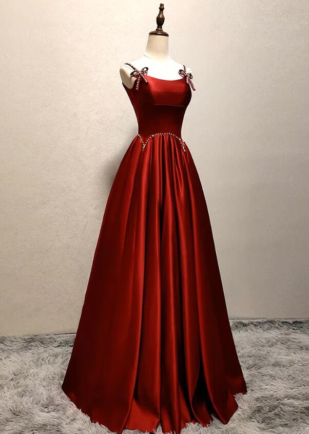 A-line Satin Burgundy Long Prom Dresses