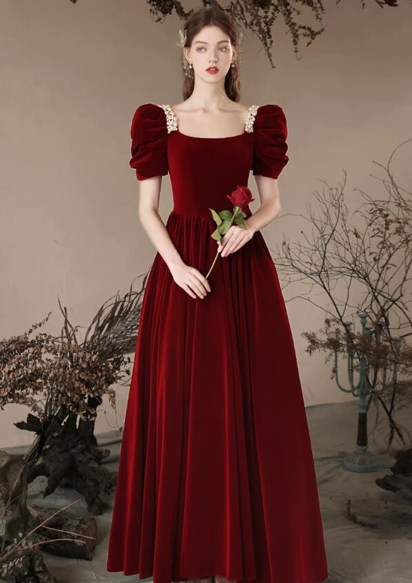 A- Line Velvet Burgundy Long Prom Dresses