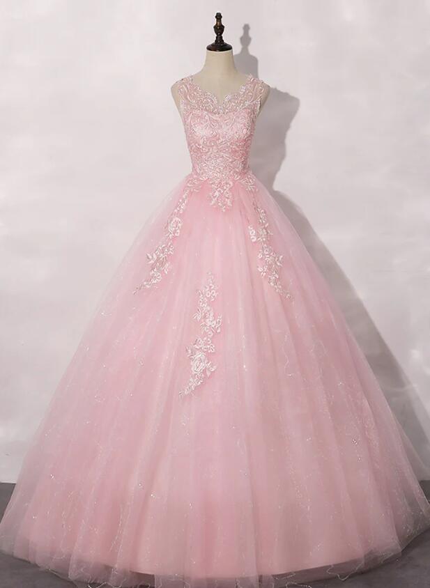 A-line Round Neck Tulle Lace Pink Prom Dress