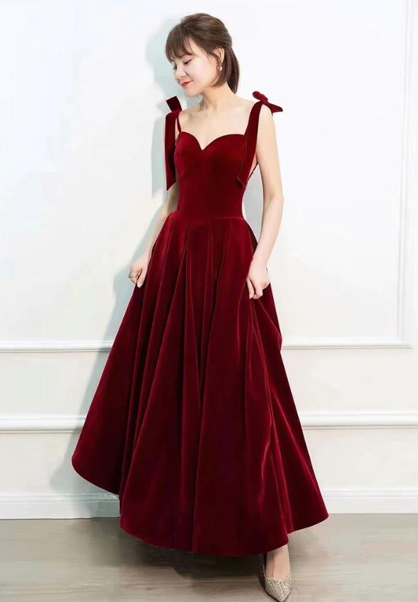A-line Velvet Burgundy Long Prom Dresses
