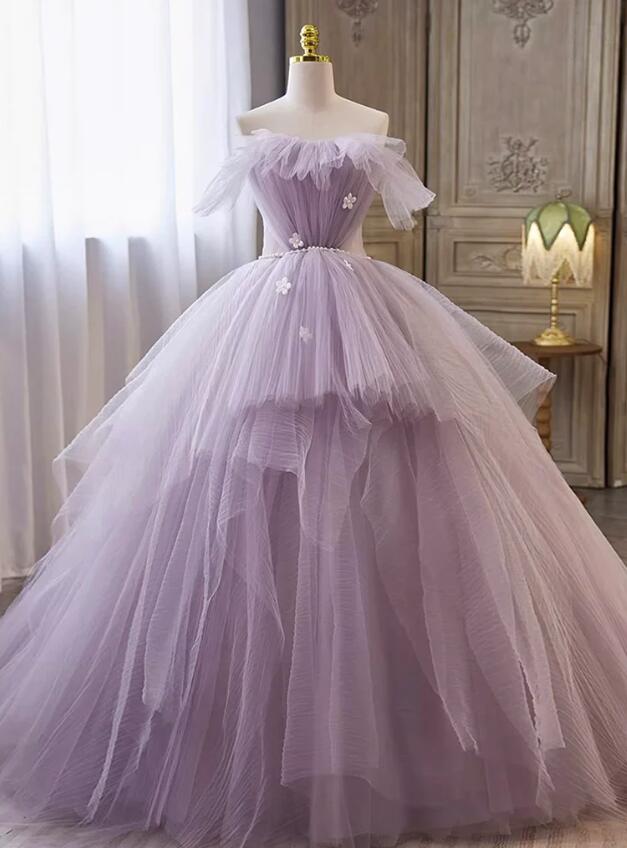Ball Gown Purple A-line Tulle Long Prom Gowns