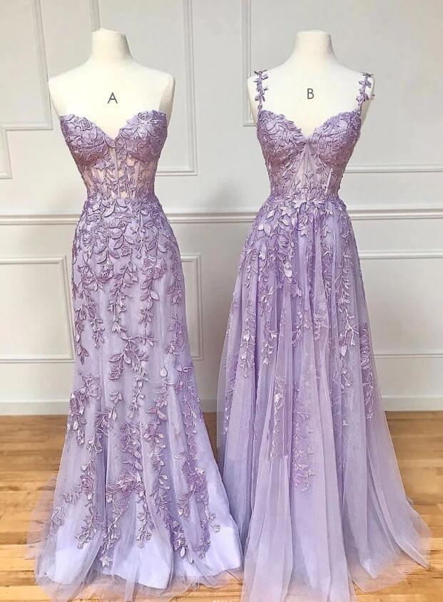 Floor Length Purple Lace Long Prom Dresses