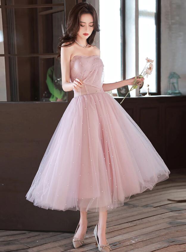 Tea Length Pink A-line Prom Dresses
