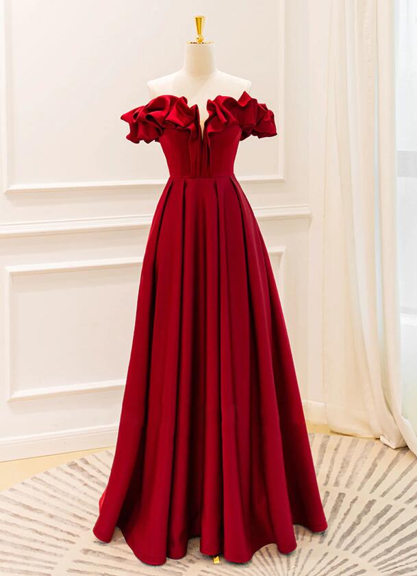 Burgundy Satin Off The Shoulder Slit Prom Dress Evening Dress Y7831