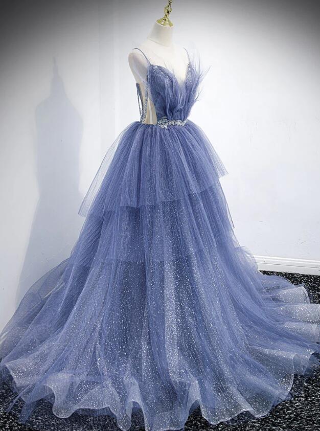 Gorgeous V Neck Baby Blue Tulle Sequin Beaded Mermaid Evening Dress Long Birthday Prom Gown SP1143 main image 0