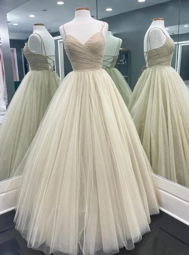 Simple A Line V Neck Champagne Tulle Long Prom Dresses