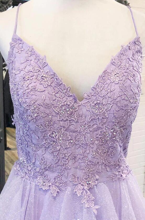 A Line Purple V Neck Tulle Ruffles Prom Dress LBQ4185
