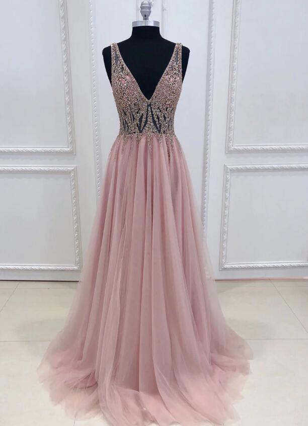 Simple Pink V Neck Tulle Beads Long Prom Dress