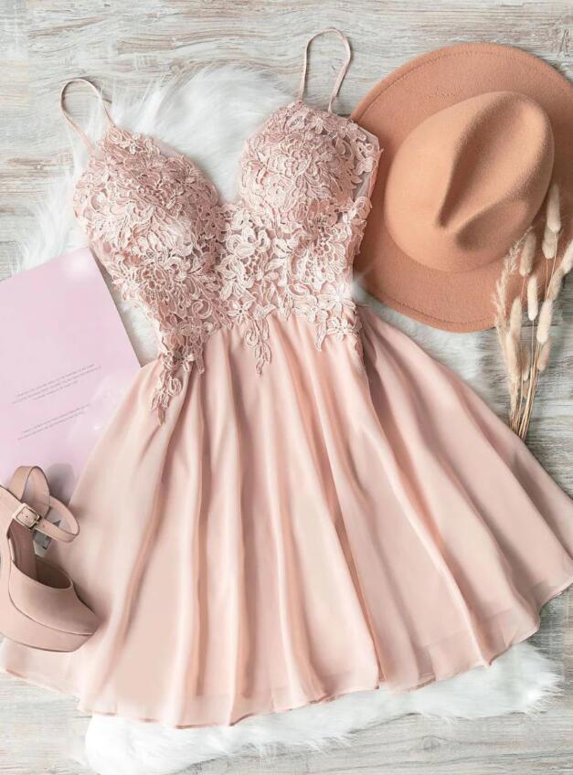 Cute Pink Sweetheart Neck Chiffon Lace Homecoming Dress 2025