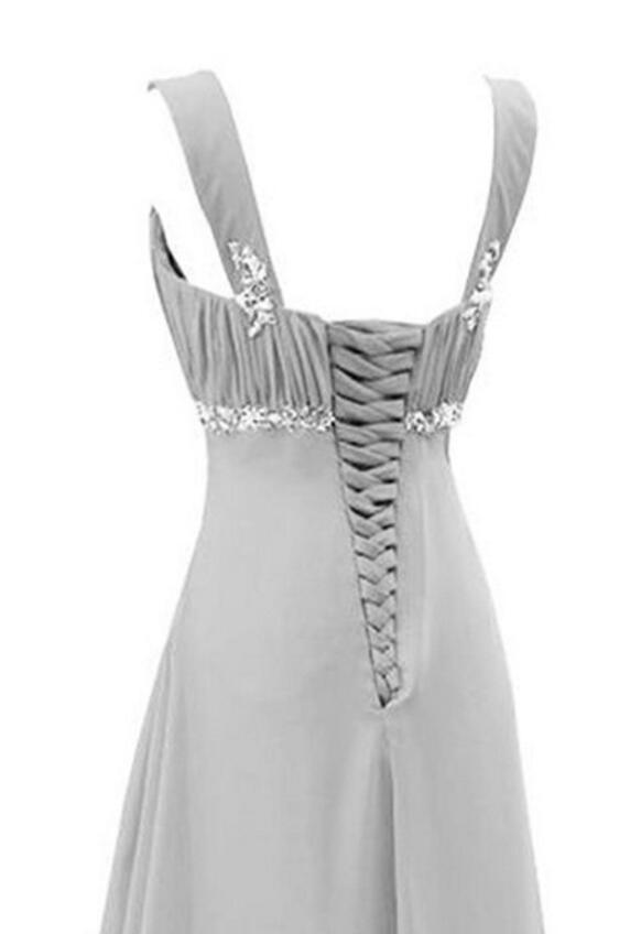 Chiffon Grey Rhinestone Beaded A-line Top Dark Long Prom Dresses PL210
