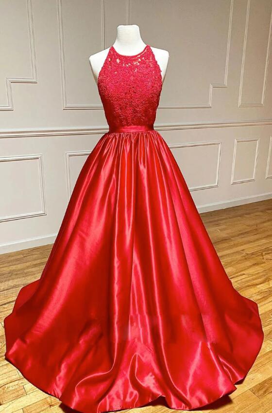 Halter Red A Line Satin Long Prom Dresses