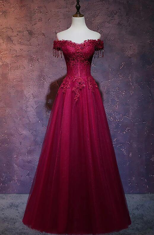 Burgundy Off Shoulder Lace Prom Dresses