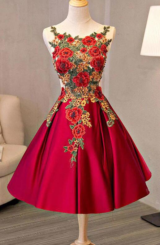 Burgundy Lace Applique Short Prom Dresses