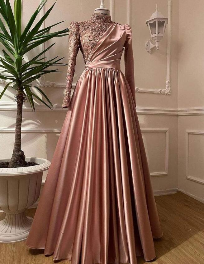 Rose Gold Silver Prom Dress Long Sleeves Dubai Evening Dresses