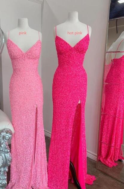 Flattering Pink Long Sequin Party Prom Dresses
