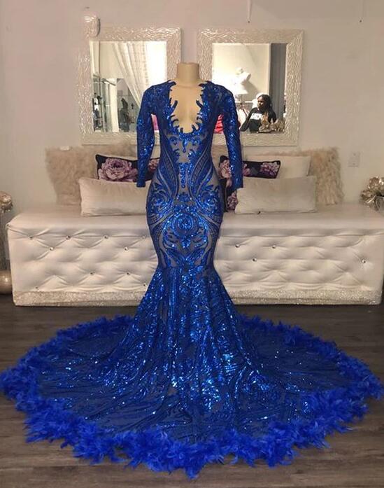 Sexy See Through Long Sleeve Mermaid Royal Blue Sequined Prom Dresses