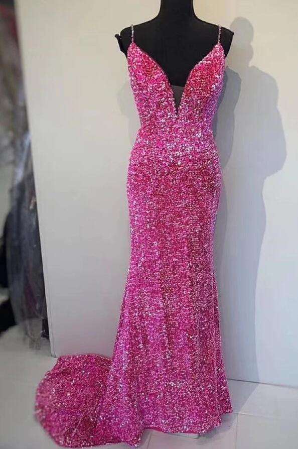 Mermaid Spaghetti Straps Pink Sequins Prom Dresses
