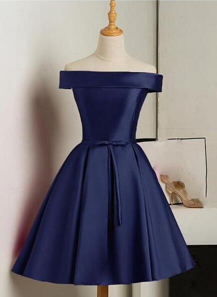 Beautiful Navy Blue Knee Length Satin Homecoming Dresses