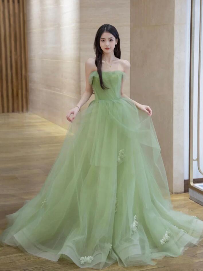 Mermaid Green A Line Tulle Long Prom Dresses Graduation Dresses