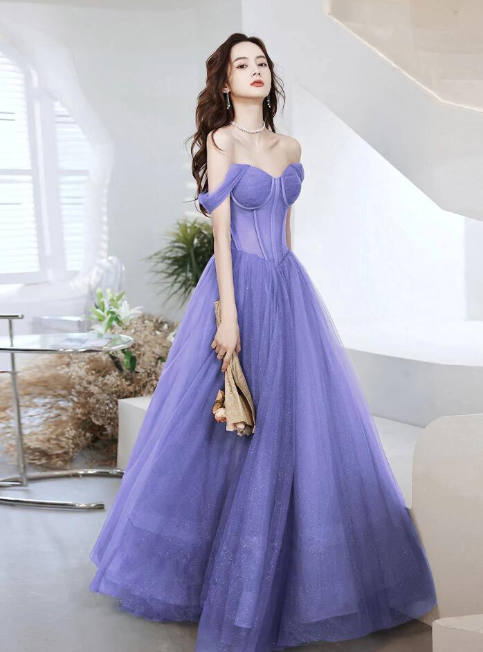 Off Shoulder Purple Sweetheart Tulle Long Prom Dress