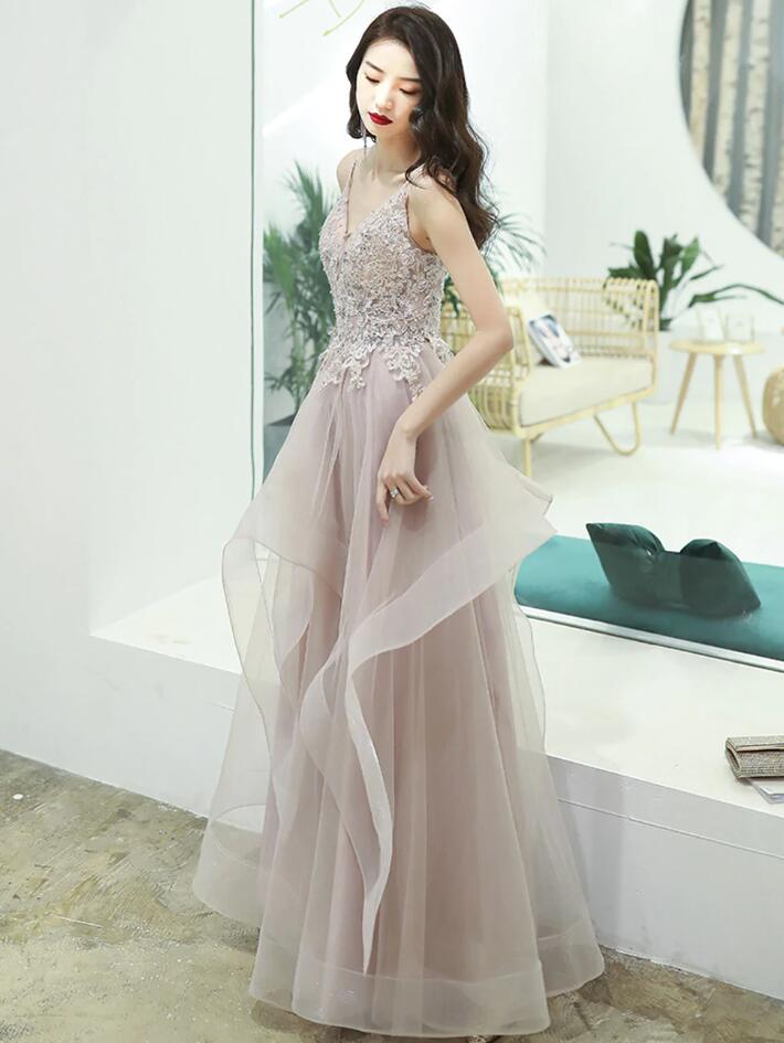 A-line V Neck Pink Long Prom Dress With Lace