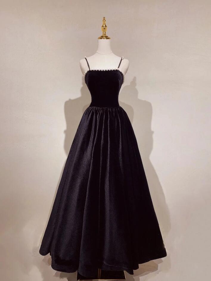 A Line Black Velvet Long Prom Dress With Beading