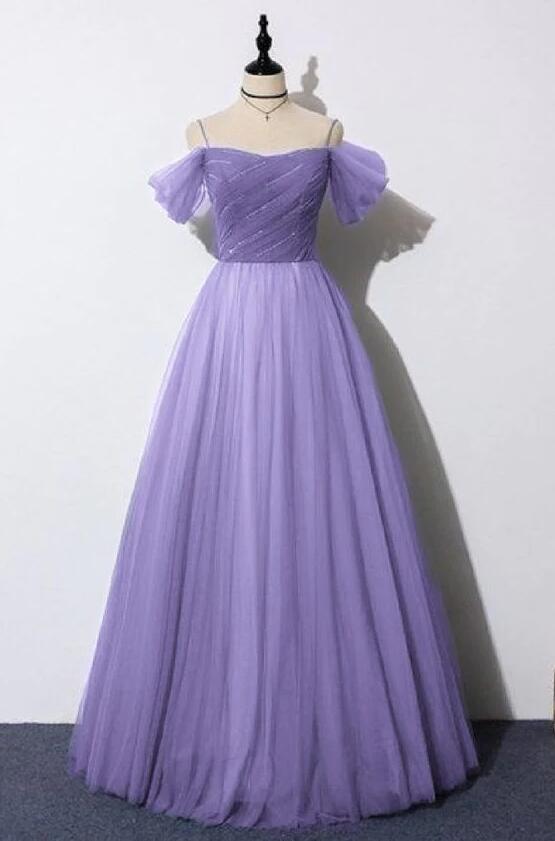 A-line Purple Tulle Off Shoulder Prom Dress Tulle Formal Dress