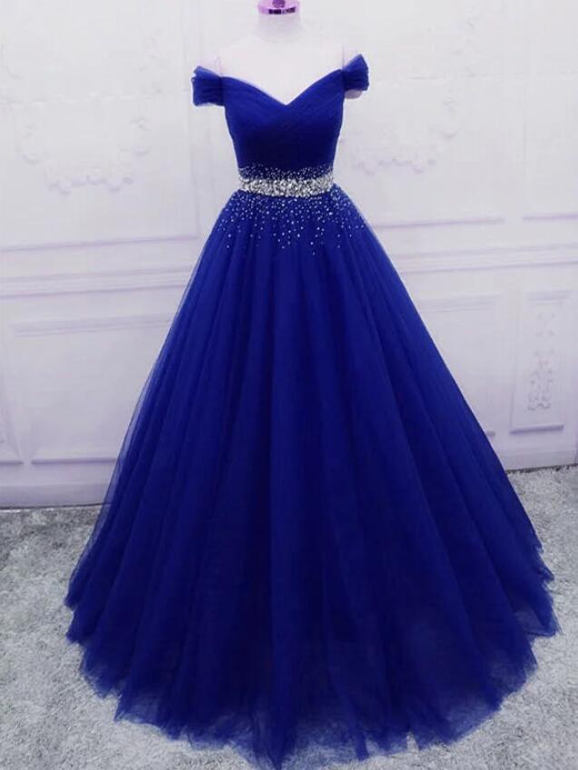 Elegant A Line Royal Blue Tulle Sequins Prom Dresses
