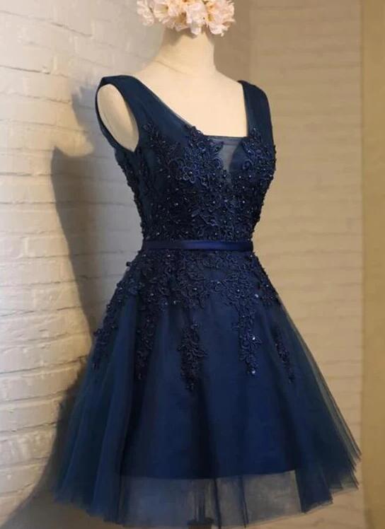 Cute Navy Blue Knee Length Lace Applique Homecoming Dress