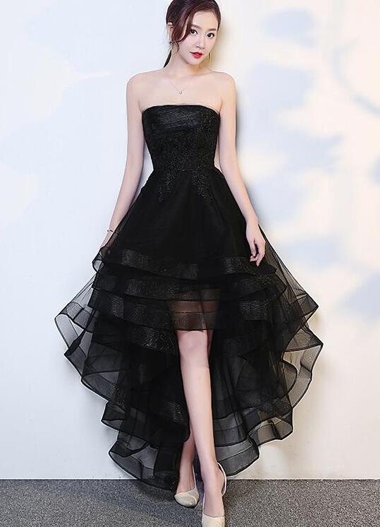 Black High Low Tulle And Applique Prom Dresses