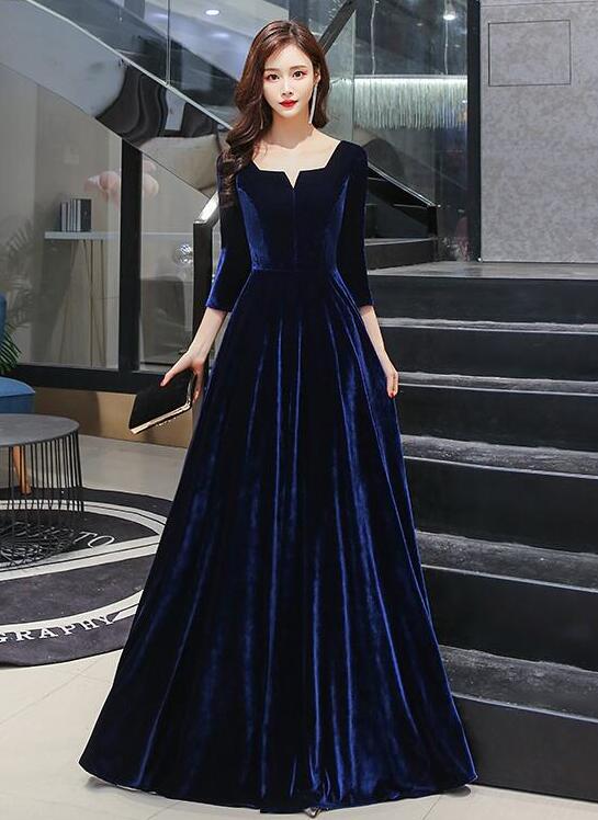 A-line Simple Navy Blue Velvet Long Style Prom Dresses