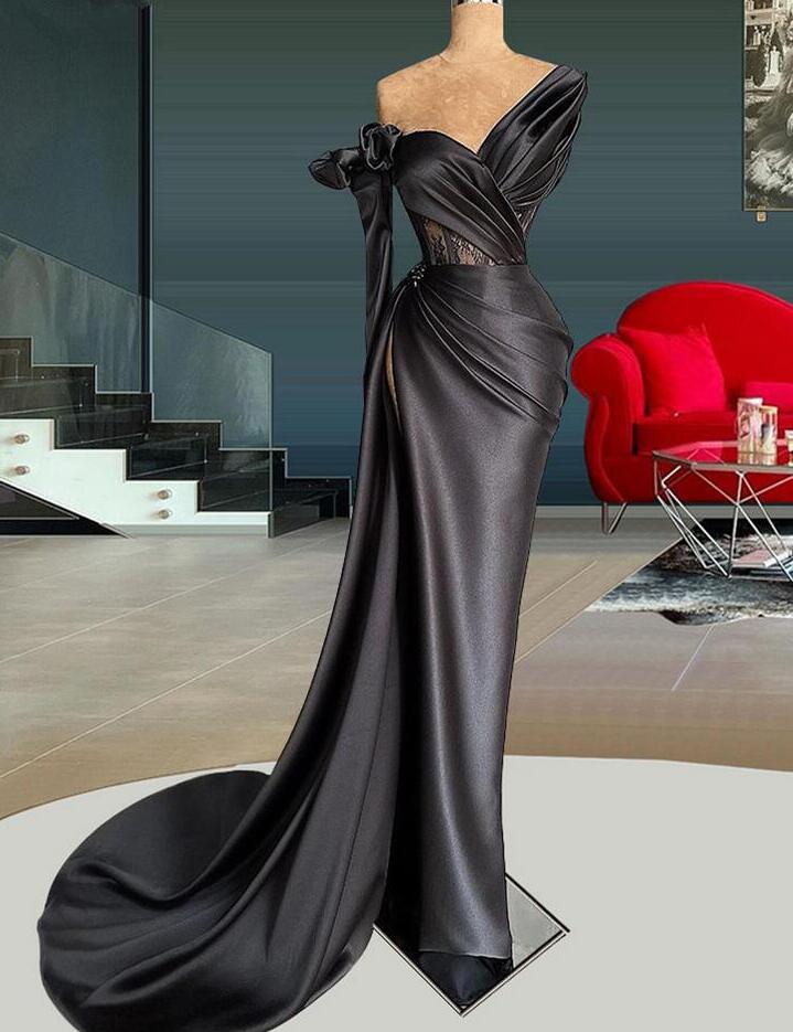 One Shoulder Black Side Slit Prom Dresses