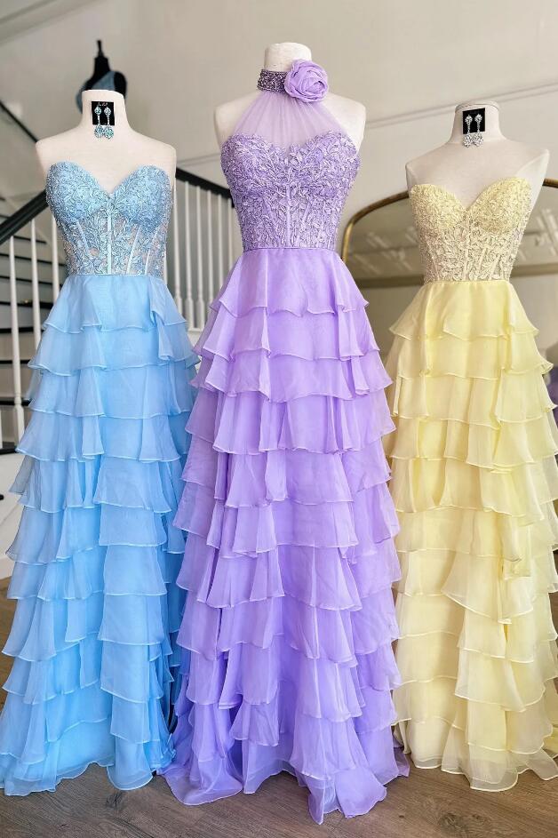 A Line Illusion Lace Appliques Multi-layers Long Prom Dresses