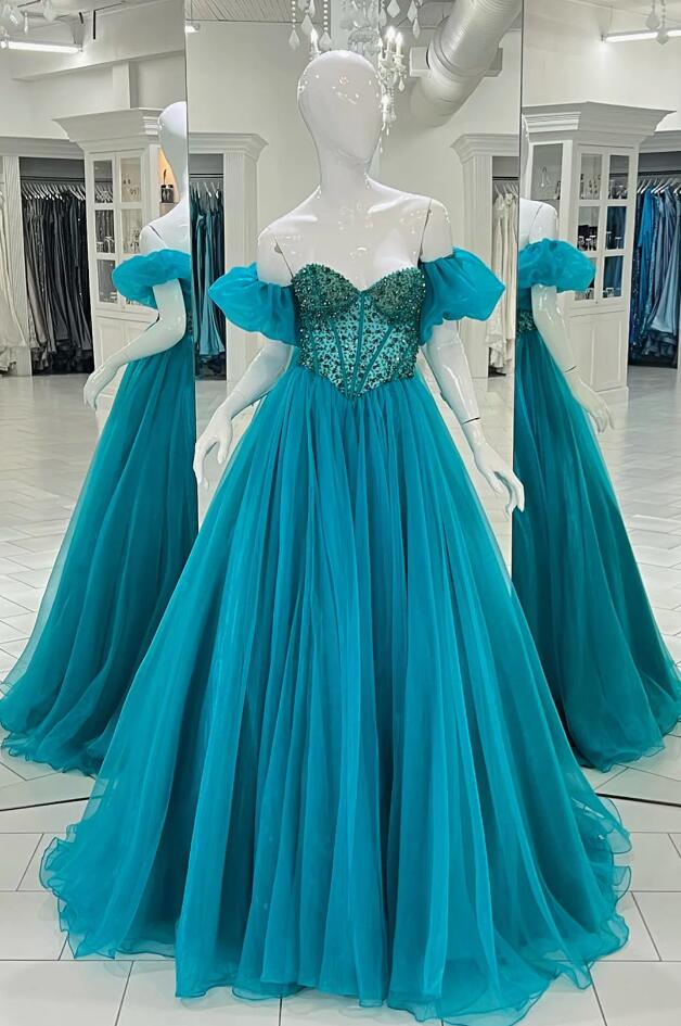 A-line Off-the-shoulder Beaded Tulle Long Prom Dress