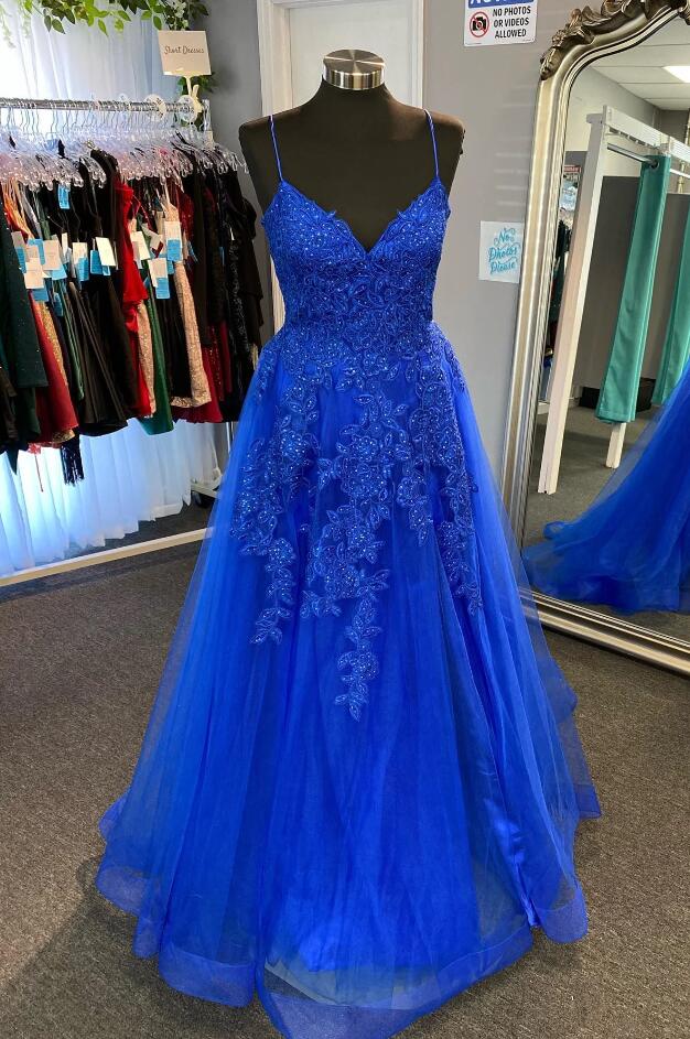 Deep V Neck Royal Blue Appliques Lace-up A-line Tulle Long Prom Dress
