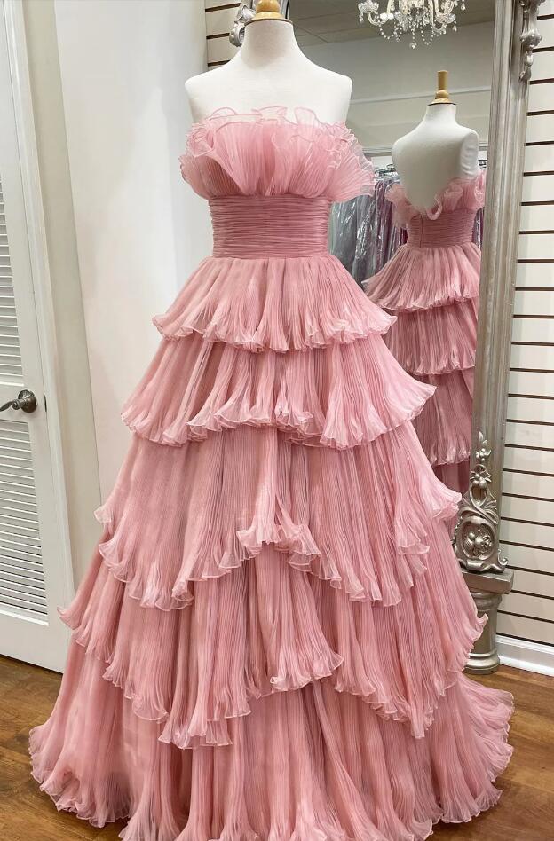Strapless Candy Pink Tulle A-line Ruffles Layers Long Prom Dress