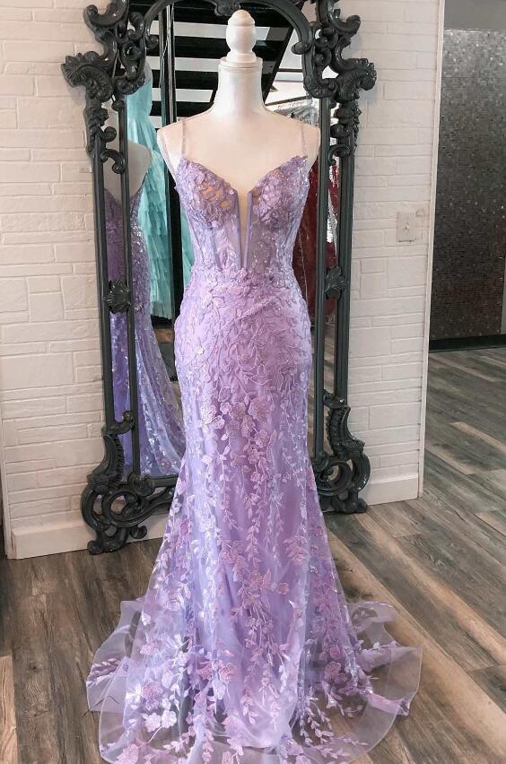 Modern Off-the-Shoulder Lavender Mermaid Prom Dress Split Long With Ruffle,DS4651