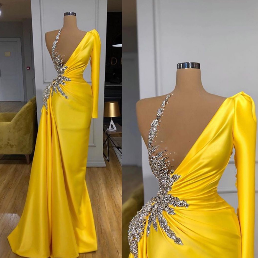 Elegant One Shoulder Beaded Sparkly Satin Yellow Prom Dresses