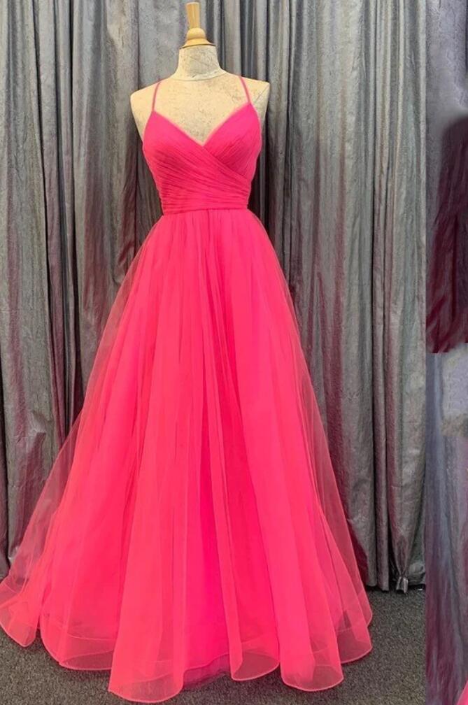 A-line bright pink lace appliqued long prom dress with lace up back Y58 main image 1
