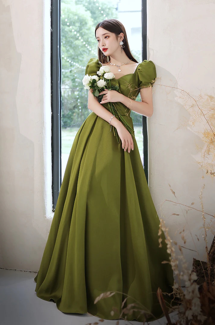 A Line Green Short Sleeves Satin Prom Dresses