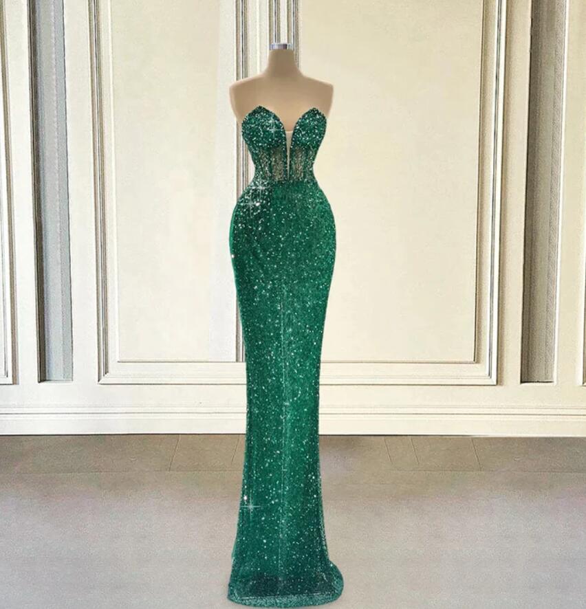 Sparkly Sequin Green Mermaid Long Prom Dresses For Graduation Party