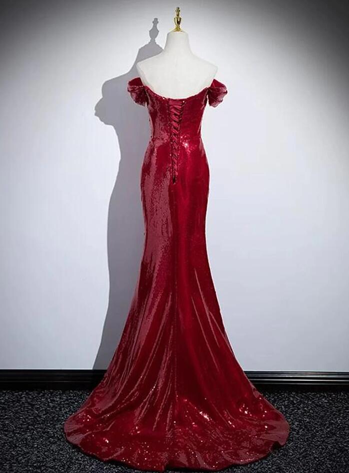 Sparkling Mermaid Off-Shoulder Ruched Sequin Red Long Prom Dress Custom