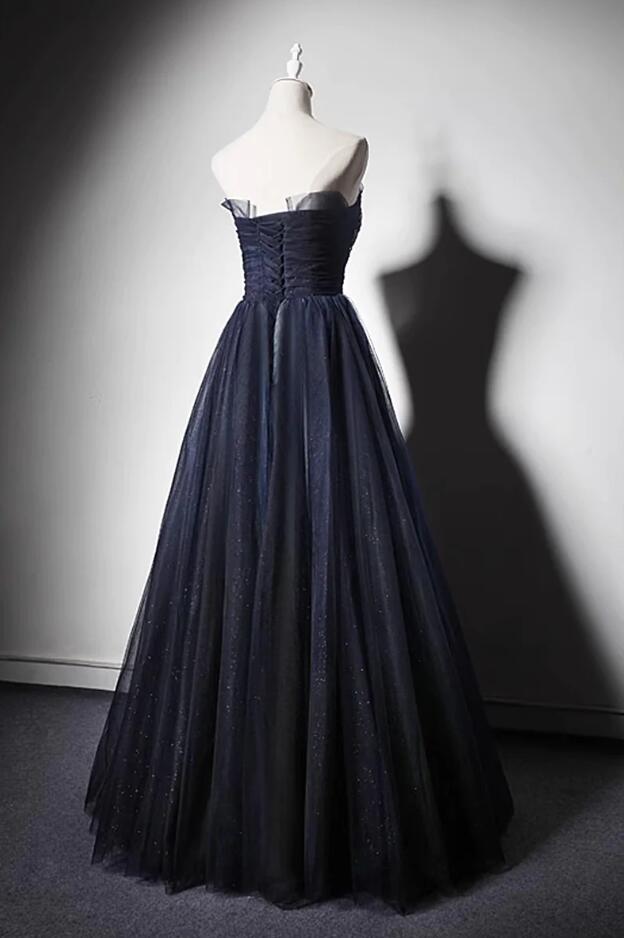 A Line Beautiful Navy Blue Tulle V Neckline Ruffles Prom Dress LBQ3590 main image 1