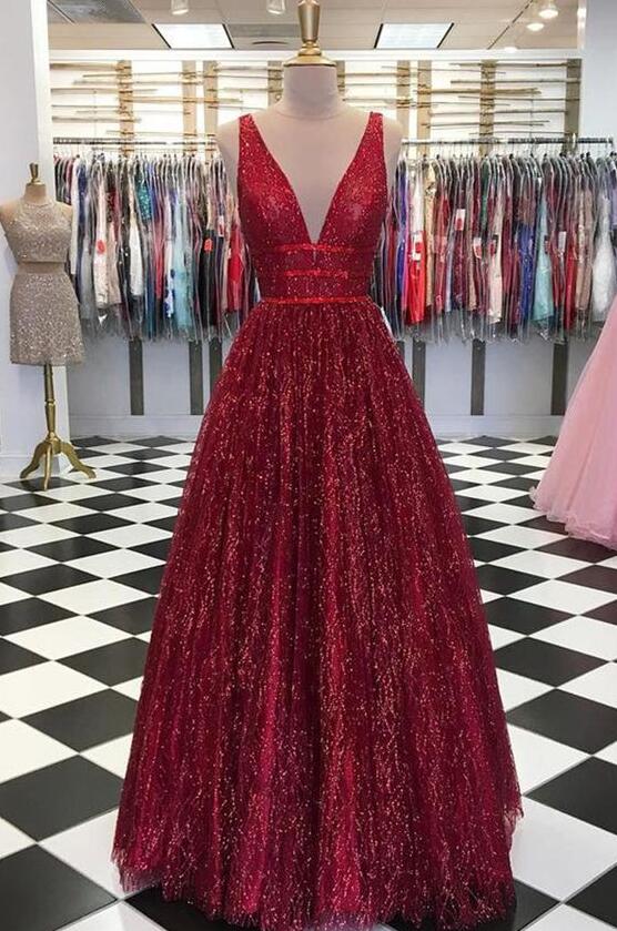Stunning Floor Length Red V Neck Sleeveless Prom Dresses